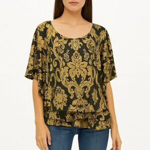 Alex Evenings Top Size 3X Black Gold Floral Ruffles Short Sleeve Flowy Dressy